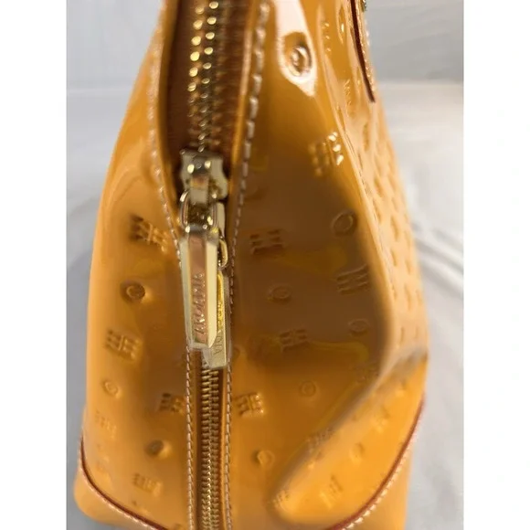 Arcadia Italy Patent Leather Satchel Mustard Yellow Embossed Handbag - Picture 13 of 13